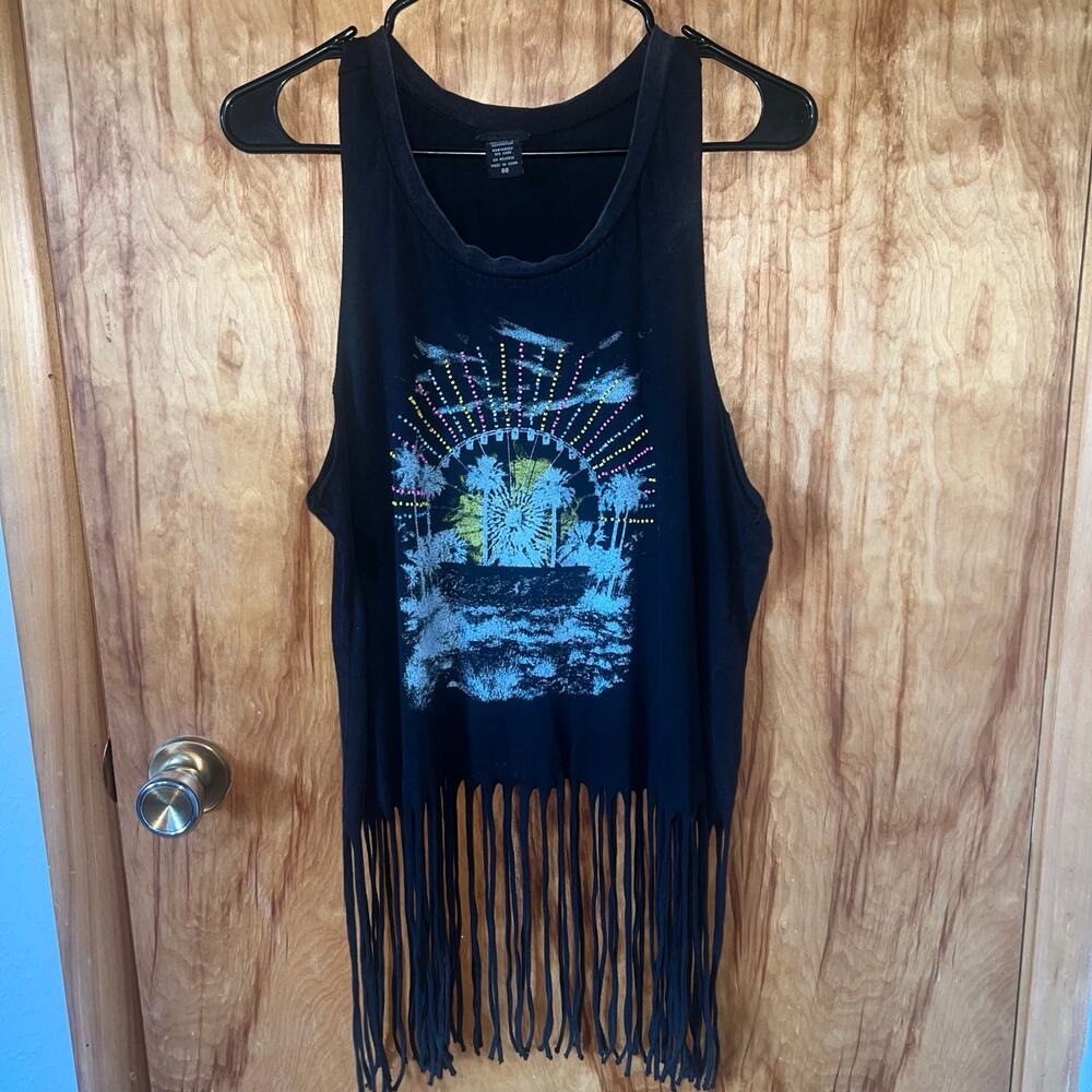 Torrid Black Sleeveless Graphic Printed Tassled Tank Top Size 00 Torrid Beaded